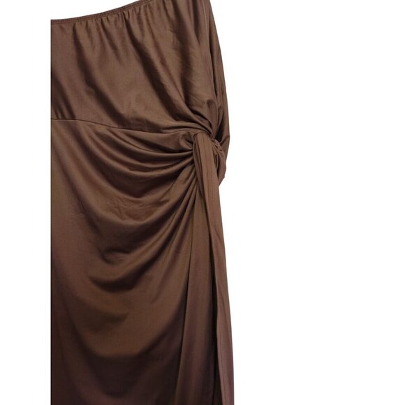 Brown Asymmetrical Midi Dress with Ruched Detail, One Shoulder, Size XL - Picture 7 of 9